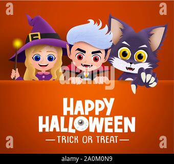 Happy Halloween fond vecteur caractères. Happy Halloween trick ou traiter du texte carte de souhaits avec trois personnages mignons de sorcière, vampire et loup. Illustration de Vecteur