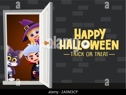 Happy Halloween trick or treat vector background. Happy Halloween texte d'accueil avec des personnages mignons sorcière, loup et vampire à l'intérieur de porte et vide. Illustration de Vecteur