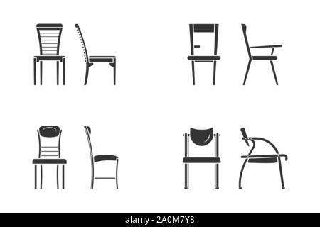 Fauteuil noir et blanc jeu d'icônes pour l'intérieur. Vue de face et vue latérale du président télévision différents style, vector illustration Illustration de Vecteur