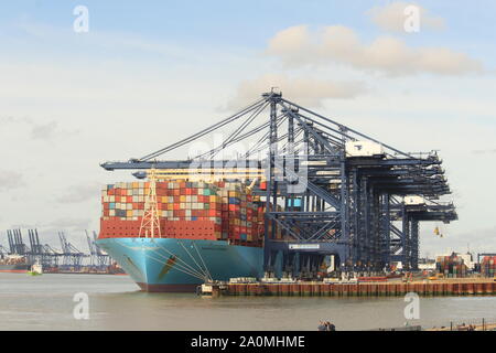 Les contenants d'expédition et de fret chargé sur un navire au port britannique de Felixstowe, Suffolk. . Banque D'Images