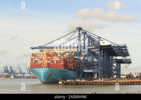 Les contenants d'expédition et de fret chargé sur un navire au port britannique de Felixstowe, Suffolk. . Banque D'Images