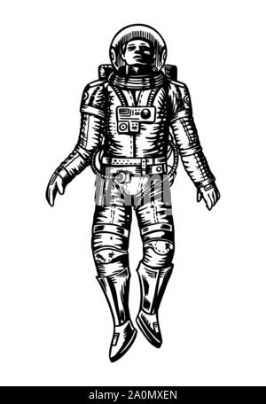 Planeur Spaceman dans l'espace. Astronaute dans le système solaire. Vieux croquis dessinés à la main, gravée dans un style vintage. Illustration de Vecteur