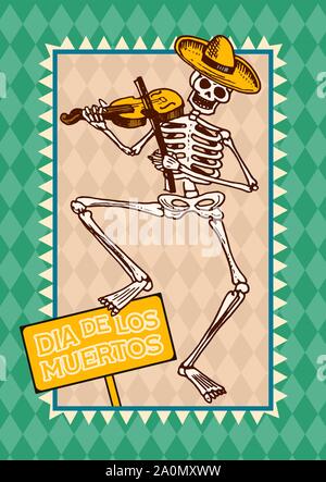 Le Jour des Morts Les affiches sur un fond de couleur. La danse des squelettes et jouer des instruments de musique. En Espagnol Dia De Los Muertos. Maison de vacances religieuses avec Illustration de Vecteur