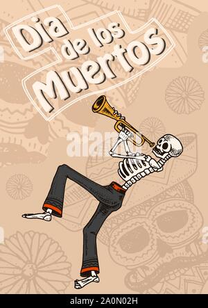 Le Jour des Morts Les affiches sur un fond de couleur. La danse des squelettes et jouer des instruments de musique. En Espagnol Dia De Los Muertos. Maison de vacances religieuses avec Illustration de Vecteur