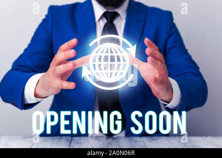 Texte de l'écriture ouverture bientôt. Photo conceptuelle sera disponible ou accessible à tout moment en public sous peu Banque D'Images