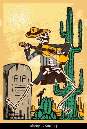 Le Jour des Morts Les affiches sur un fond de couleur. La danse des squelettes et jouer des instruments de musique. En Espagnol Dia De Los Muertos. Maison de vacances religieuses avec Illustration de Vecteur