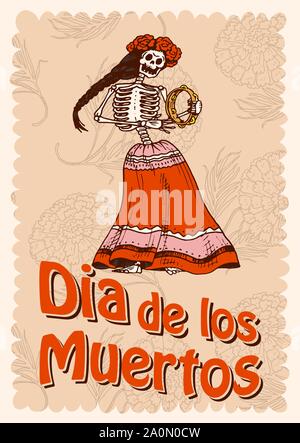 Le Jour des Morts Les affiches sur un fond de couleur. La danse des squelettes et jouer des instruments de musique. En Espagnol Dia De Los Muertos. Maison de vacances religieuses avec Illustration de Vecteur