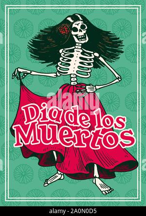 Le Jour des Morts Les affiches sur un fond de couleur. La danse des squelettes et jouer des instruments de musique. En Espagnol Dia De Los Muertos. Maison de vacances religieuses avec Illustration de Vecteur