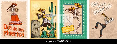 Le Jour des Morts Les affiches sur un fond de couleur. La danse des squelettes et jouer des instruments de musique. En Espagnol Dia De Los Muertos. Maison de vacances religieuses avec Illustration de Vecteur