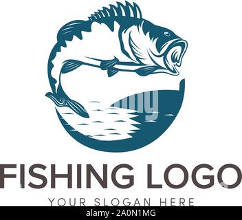 grand logo pêche basse avec saut dans l'eau de mer Illustration de Vecteur