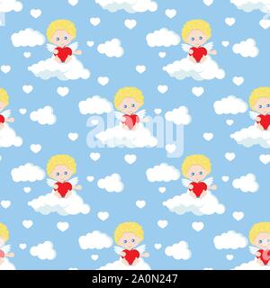 Motif romantique sans couture de vecteur avec mignon Cupidon assis sur les nuages avec coeur rouge dans ses bras. Illustration de Vecteur