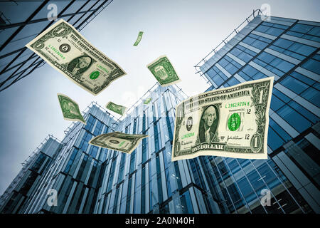 Dollars tombant de corporate city office bâtiments gratte-ciel Banque D'Images