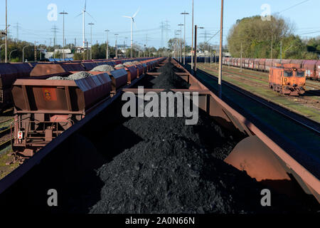 Allemagne, Hambourg, Hansaport importation de charbon et de minerai de fer, le transport par les plantes de l'acier et de centrales à charbon / Deutschland, Hambourg, Hansaport, Import von Kohle und Erz, par Weitertransport Stahlwerken Bahn und zu Kraftwerken Banque D'Images