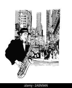 Le saxophoniste de jazz à New York - vector illustration (idéal pour l'impression sur tissu ou papier, affiche ou papier peint, décoration de la chambre) Illustration de Vecteur