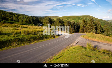 Un étroit chemin de campagne à travers les vents des landes et forêts de plantation par établissement Blaen à glyn-y-élevé dans les Brecon Beacons de Nouvelle-Galles du Sud. Banque D'Images