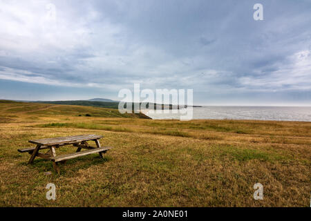 Table de pique-nique sur un champ avec vue sur la mer Noire, la Bulgarie à Sinemorets Banque D'Images