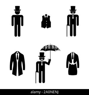 Ensemble de gentleman stick figures, silhouettes mans noir sur fond blanc. Les icônes, vector illustration. Illustration de Vecteur