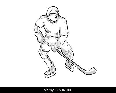 Cartoon style illustration d'un joueur de hockey sur glace en action posent sur fond blanc isolé fait en retro noir et blanc. Banque D'Images