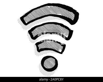 Retro cartoon style dessin d'une connexion internet wifi icône symbole isolé sur fond blanc en noir et blanc Banque D'Images