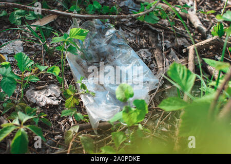 Les contenants de plastique et de déchets dans la forêt. La pollution de l'environnement. Question de l'environnement et des catastrophes. Passez au vert, zéro déchet, Sauver la Planète Terre, Da Banque D'Images