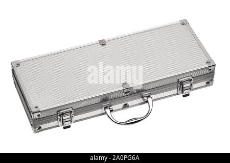 Mallette en aluminium avec coins métal isolated on white Banque D'Images