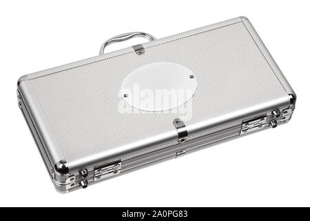 Mallette en aluminium avec coins métal isolated on white Banque D'Images