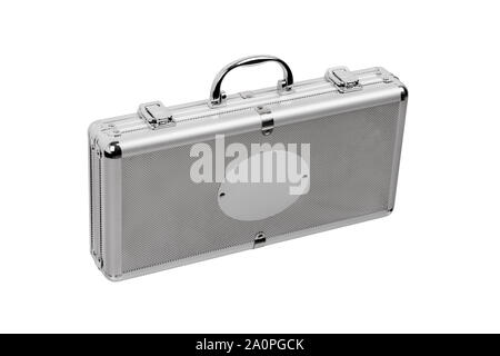 Mallette en aluminium avec coins métal isolated on white Banque D'Images