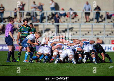 Salford, Royaume-Uni. 21 septembre 2019, Stade AJ Bell, Salford, Greater Manchester, Angleterre ; Premiership Anglaise, Rugby Sale Sharks contre Northampton Saints ; Gus Warr de Sale Sharks met dans la mêlée : Action Crédit Plus Sport Images/Alamy Live News Banque D'Images