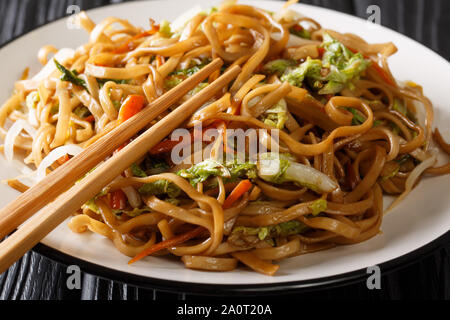 Des nouilles chow mein frit avec légumes chinois close-up sur une plaque sur la table horizontale. Banque D'Images