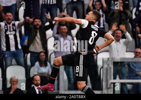 Aaron Ramsey (Juventus) au cours de la série d'un match de football entre la Juventus FC et FC Hellas Varona à Allianz Stadium sur 21 septembre 2019 à Turin, Italie. Banque D'Images