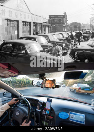 (190922) -- BEIJING, 22 Septembre, 2019 (Xinhua) -- Haut : Photo prise en 1965 par Zheng Zhensun montre des employés d'une agence de location de voitures nettoyage hailing à Beijing, capitale de la Chine.Bas : Photo prise le 25 août 2019 par Zhang Xiaoyu montre chauffeur de taxi à la rubrique 188 Huaidong North Mu destination après prendre une commande en ligne par les plates-formes de voiture venant à Beijing. En 1949, lorsque la République populaire de Chine a été fondée, le peuple chinois a fait face à un pays dévasté qui devait être reconstruit à partir de zéro après des décennies de guerre et de chaos. Après des décennies d'efforts inlassables et leur dévouement par les Chinois p Banque D'Images