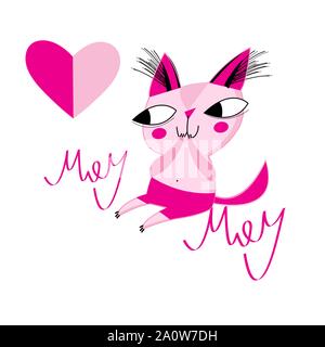 Chaton d'amour vecteur Saint-valentin bonjour sur fond blanc avec coeur Illustration de Vecteur