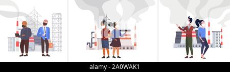 Définir différentes personnes dans les masques de protection contre la pollution de l'air Le smog industrie toxiques pollution de l'environnement concept mix race hommes femmes extérieur permanent Illustration de Vecteur
