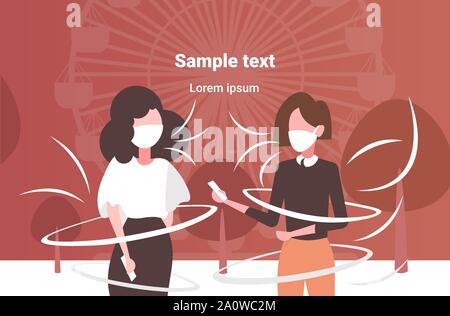 Les femmes en masque de visage à l'aide de la pollution de l'air toxique smartphones smog industrie pollution de l'environnement concept filles couple standing piscine grande roue Illustration de Vecteur