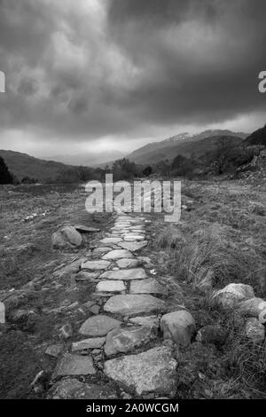 Belle image paysage d'hiver à la vallée le long de Crimpiau vers le Mont Snowdon dans la distance en noir et blanc Banque D'Images