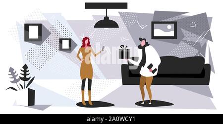 Woman wrapped gift box par un homme de la courier express delivery service concept salon moderne croquis d'intérieur pleine longueur horizontale Illustration de Vecteur