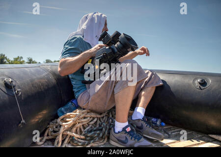 Belgrade, Serbie, 18 août 2019 : le tournage d'une régate de voile en caoutchouc sur la rivière Sava Banque D'Images