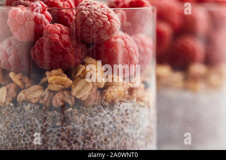 Vue rapprochée de délicieux yaourt avec les graines de chia, de framboises et de flocons d'avoine dans les verres Banque D'Images