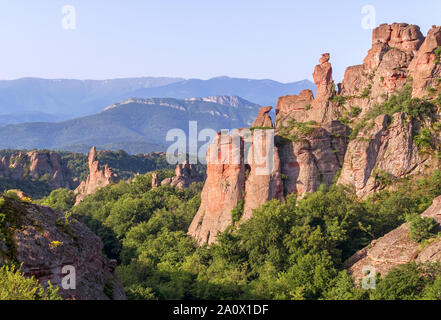 Les roches magnifiques parmi la forêt au lever du soleil. Belogradchik, Bulgarie Banque D'Images