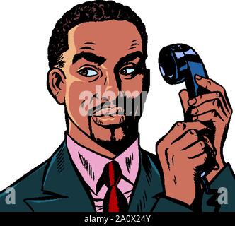 African man talking on a retro phone. isoler sur fond blanc. Retro pop art dessin illustration vectorielle Illustration de Vecteur