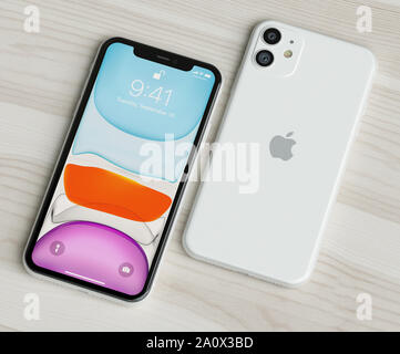 Italie -22 septembre, 2019 : l'Iphone 11 smartphones sur table. 11 L'Iphone en gros plan. Nouveautés Apple Iphone Mobile modèle. Rédaction d'illustration. Banque D'Images