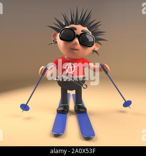 3d Cartoon punk rock adolescent avec cheveux hérissés sur ski skis, illustration 3D render Banque D'Images