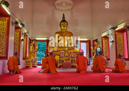 Moines à Wat Mongkon (Mongkolnimit Nimit) dans la ville de Phuket, en Thaïlande, s'asseoir devant la statue de Bouddha du temple pour leur prière du soir et la méditation Banque D'Images