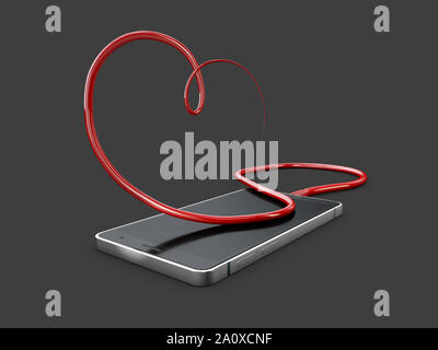 Illustration 3d de fil, téléphone, coeur isolé couleur sombre. Banque D'Images