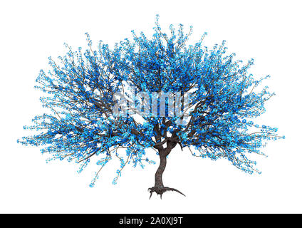 Le rendu 3D d'un arbre sakura en fleurs bleu isolé sur fond blanc Banque D'Images