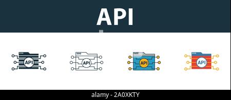 L'icône de l'API. Quatre symboles simples dans des styles différents de développement web icons collection. L'API de création rempli d'icônes de couleur, contours, et télévision Illustration de Vecteur