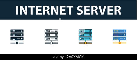 Serveur Internet icon set. Quatre symboles simples dans diférents styles à partir de la collection d'icônes. Serveur internet créatif, rempli d'icônes et de couleur, contours Illustration de Vecteur