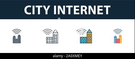 Ville Internet icon set. Quatre symboles simples dans diférents styles à partir de la collection d'icônes. Ville créative, icônes internet rempli de couleur, contours, et télévision Illustration de Vecteur