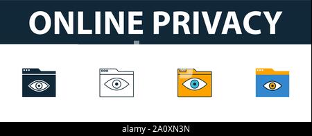 La vie privée en ligne icon set. Quatre symboles simples dans des styles différents de développement web icons collection. La vie privée en ligne Creative rempli d'icônes, contours Illustration de Vecteur