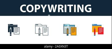 Rédaction icon set. Quatre symboles simples dans des styles différents de développement web icons collection. Rédaction créative, contours remplis d'icônes Illustration de Vecteur